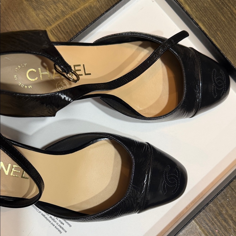 CHANEL Black Leather Mary Jane Low Block Heel Pumps - Picture 10 of 15
